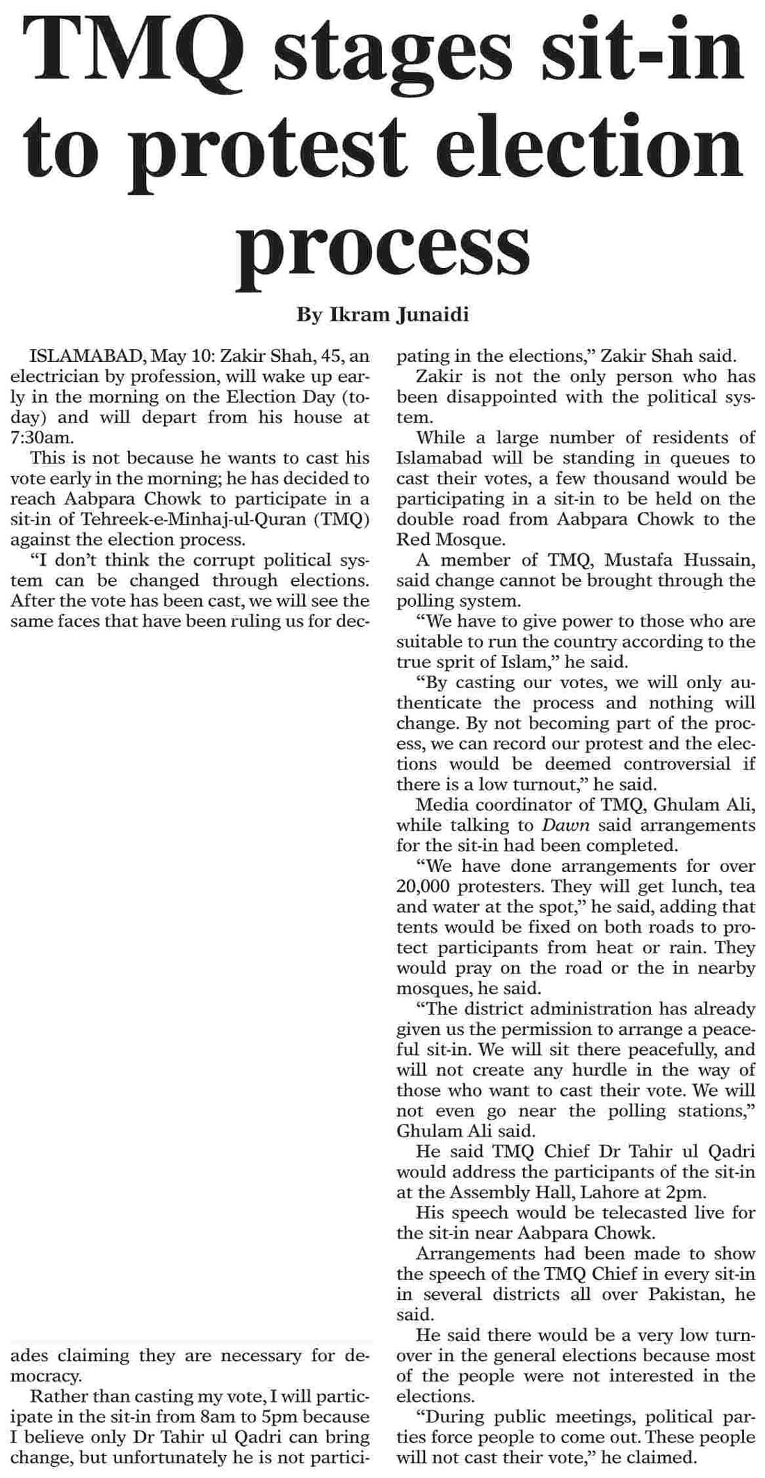 تحریک منہاج القرآن Pakistan Awami Tehreek  Print Media Coverage پرنٹ میڈیا کوریج Daily Dawn Page 16